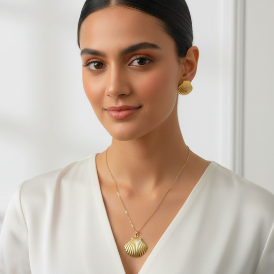 Golden Seashell Necklace & Stud Earrings Set