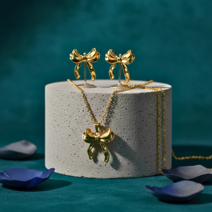 Golden Bow Necklace & Stud Earrings Set