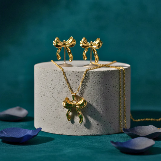 Golden Bow Necklace & Stud Earrings Set
