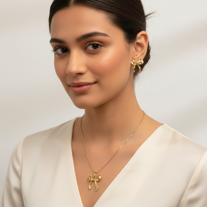 Golden Bow Necklace & Stud Earrings Set