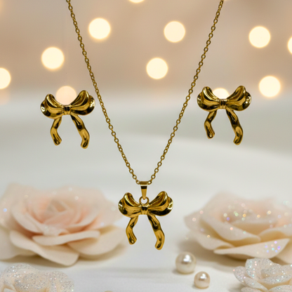 Golden Bow Necklace & Stud Earrings Set