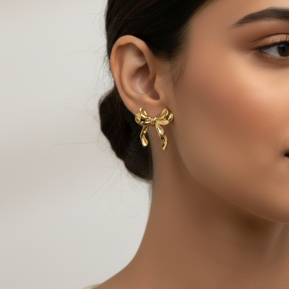 Golden Bow Necklace & Stud Earrings Set