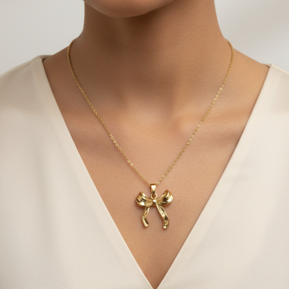 Golden Bow Necklace & Stud Earrings Set