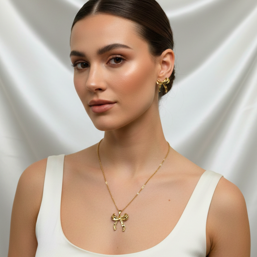 Golden Bow Necklace & Stud Earrings Set