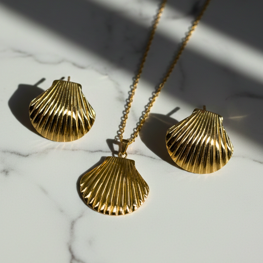 Golden Seashell Necklace & Stud Earrings Set