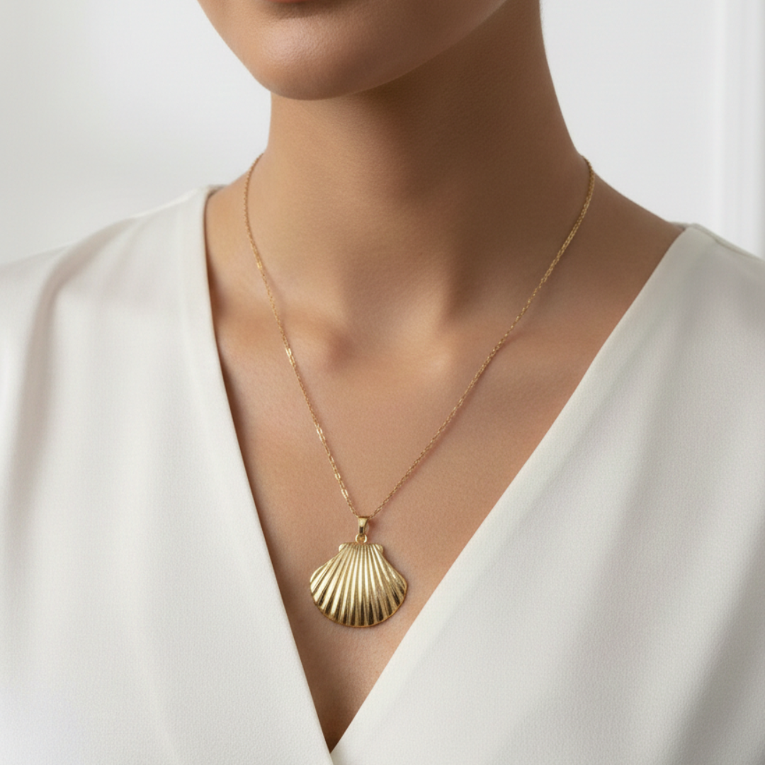 Golden Seashell Necklace & Stud Earrings Set
