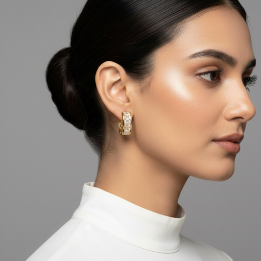 Elegant Gold Hoop with Baguette-Cut Crystal Earrings