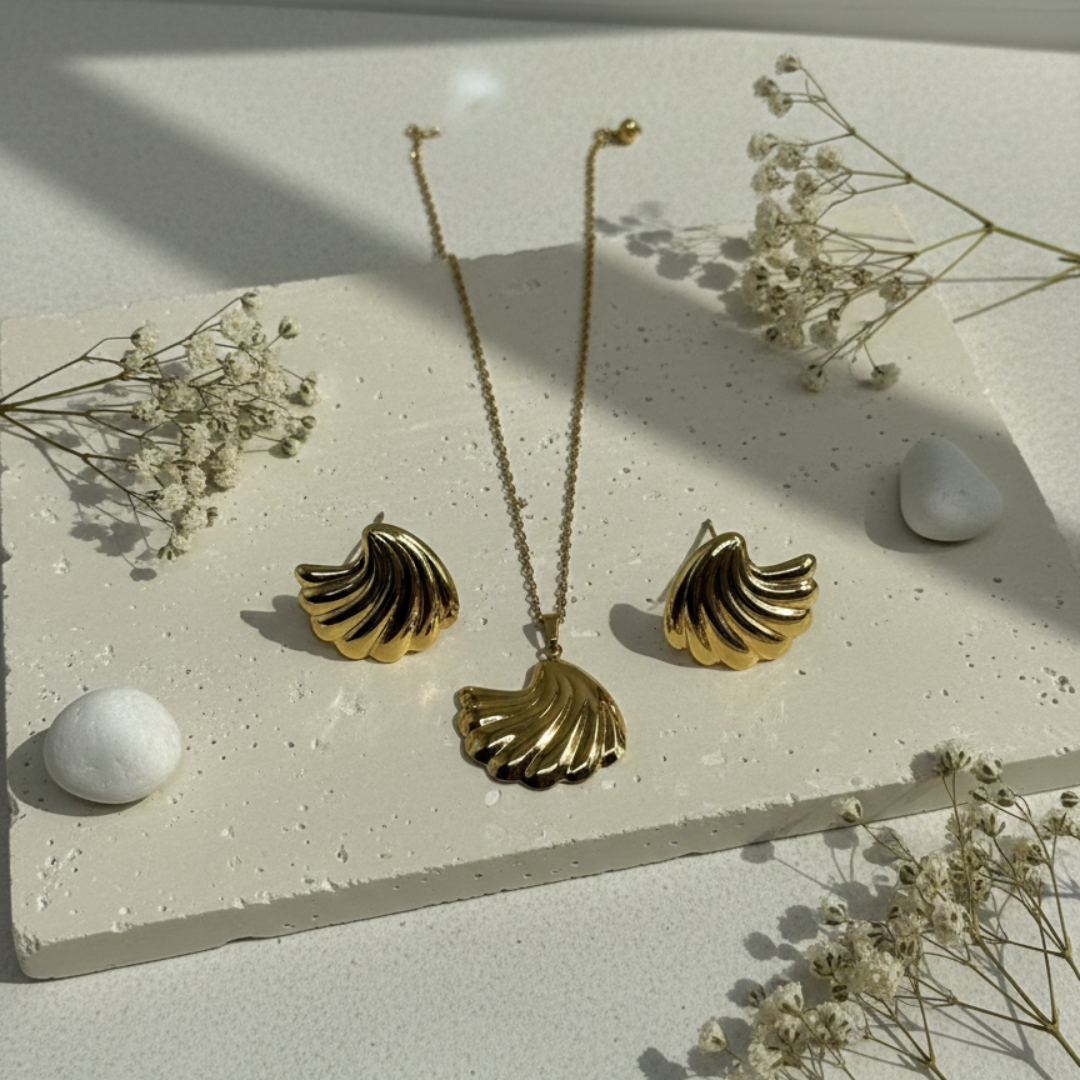 Golden Shell Necklace & Stud Earrings Set